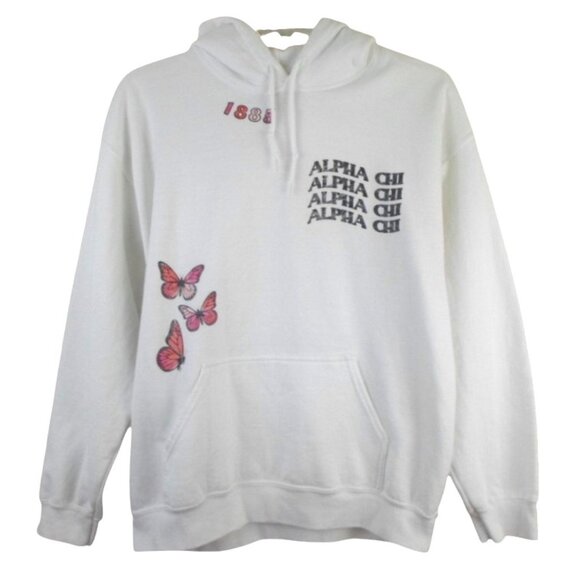 Alpha Chi Omega Spikes and Seams Butterfly White Long Sleeve Hoodie Unisex L - Picture 1 of 6